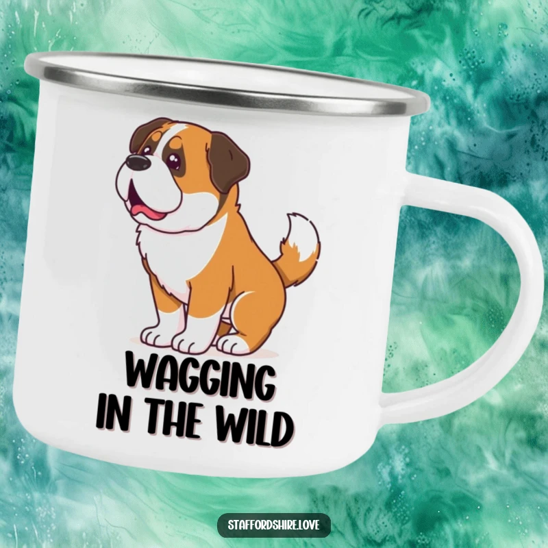 Funny camping mug with a Saint Bernard wiggling its entire body from a happy tail wag, perfect for outdoor drinks.