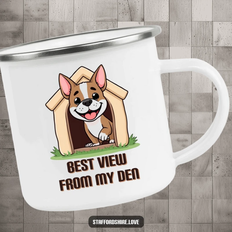 Funny Staffordshire dog camping mug showing a cheerful dog's head emerging from a doghouse, ideal for outdoor adventures.