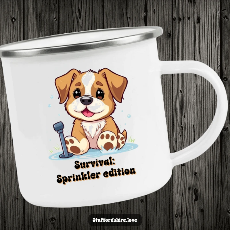 Funny Staffordshire dog with big paws playing in a sprinkler on a camping mug. Ideal gift.