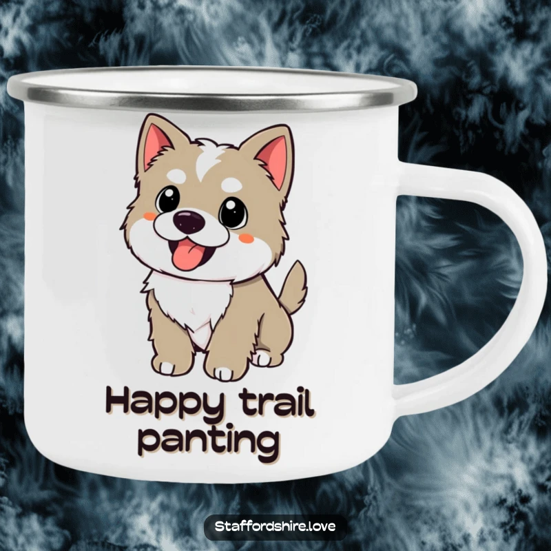 Funny kawaii Staffordshire puppy with a wagging tail, panting happily on a camping mug, for humorous outdoor joy.