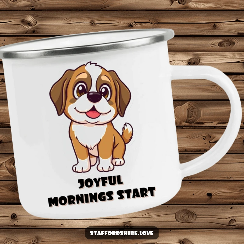 Funny Saint Bernard camping mug with a dog's shining eyes and wagging tail, perfect for outdoor canine joy.