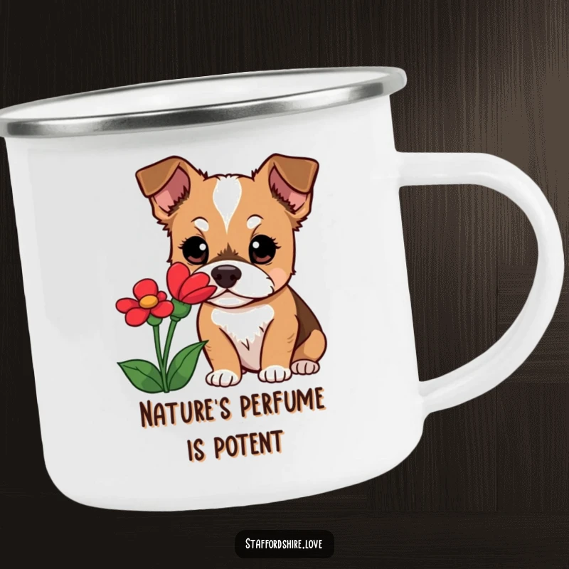 Funny Staffordshire dog camping mug showing a curious dog's wide eyes sniffing a bright red flower, perfect for outdoor enthusiasts.