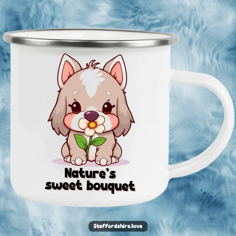 Funny Kawaii Staffordshire Camping Mug, featuring a cute Staffy gently holding a flower in its mouth, perfect for outdoor adventures and coffee.