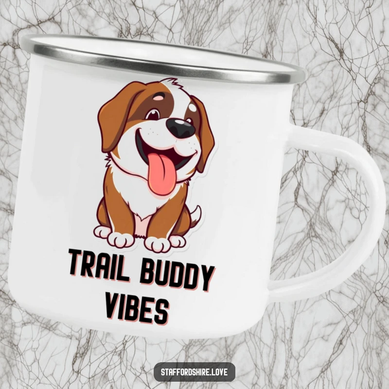 Funny Kawaii Saint Bernard camping mug with a happy, panting dog design, ideal for outdoor use and as a funny gift.