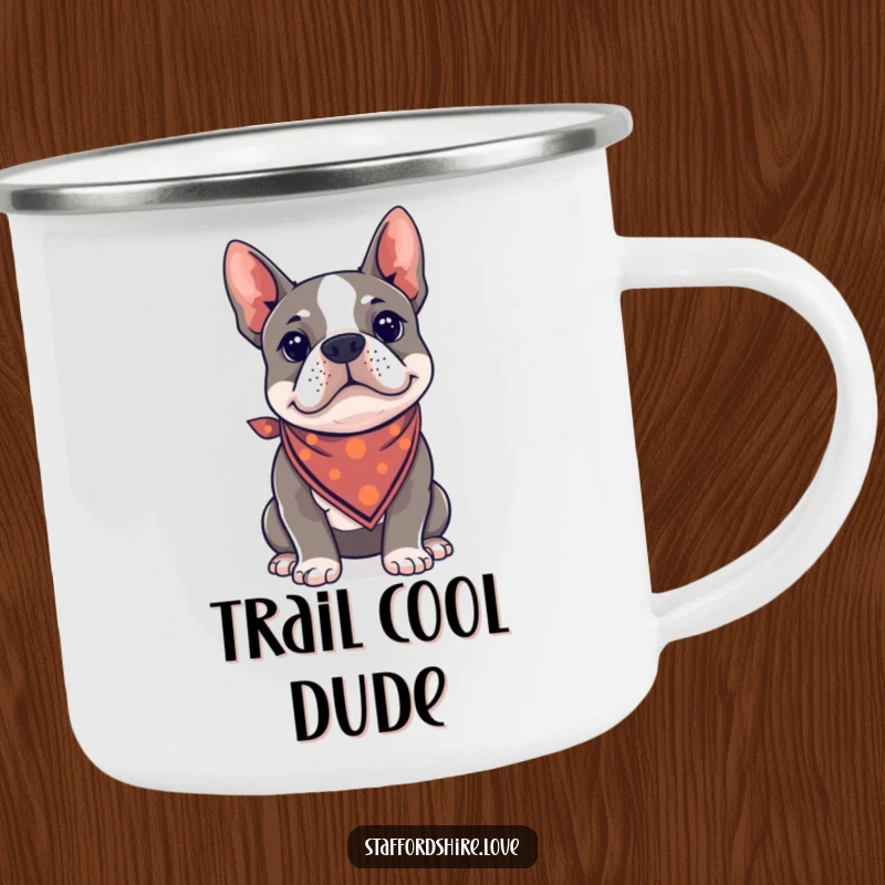 Funny Kawaii Staffordshire Bull Terrier camping mug, wearing a bandana and looking cool, ready for outdoor fun.