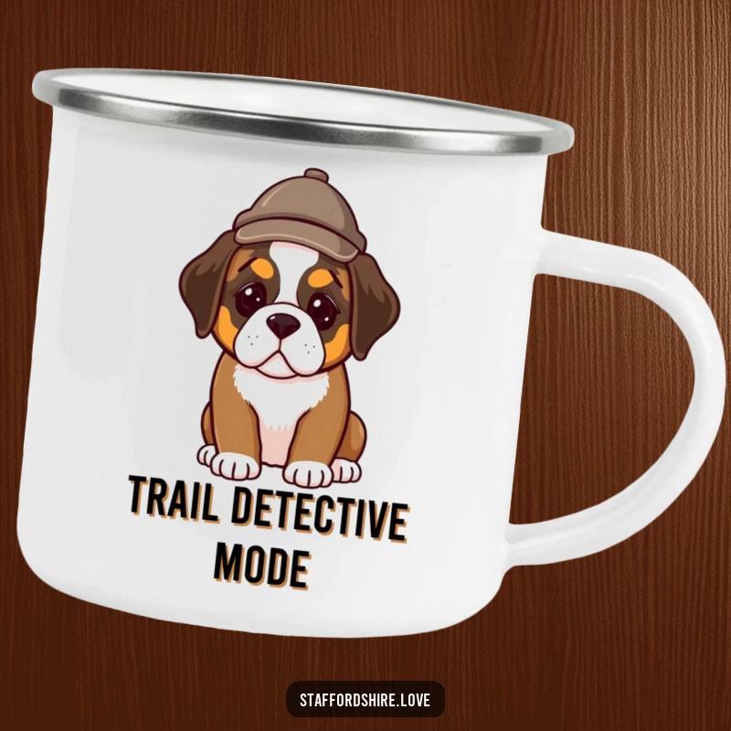 Funny camping mug featuring a Saint Bernard puppy in a tiny detective hat, perfect for sipping coffee on outdoor investigations.