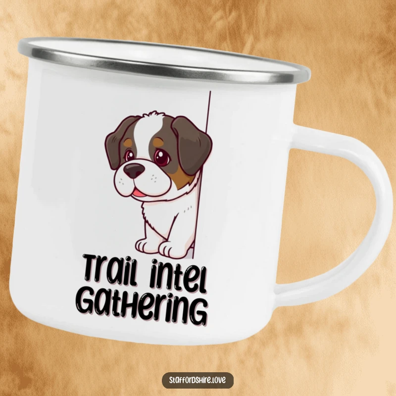 Funny Saint Bernard Camping Mug featuring a dog with a mischievous glint, designed for outdoor fun and adding a humorous element.