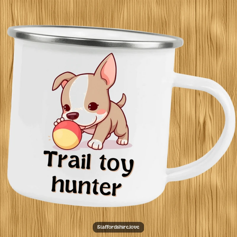 Funny Kawaii Staffordshire Bull Terrier puppy camping mug, enthusiastically chasing a toy, ready for outdoor adventures.
