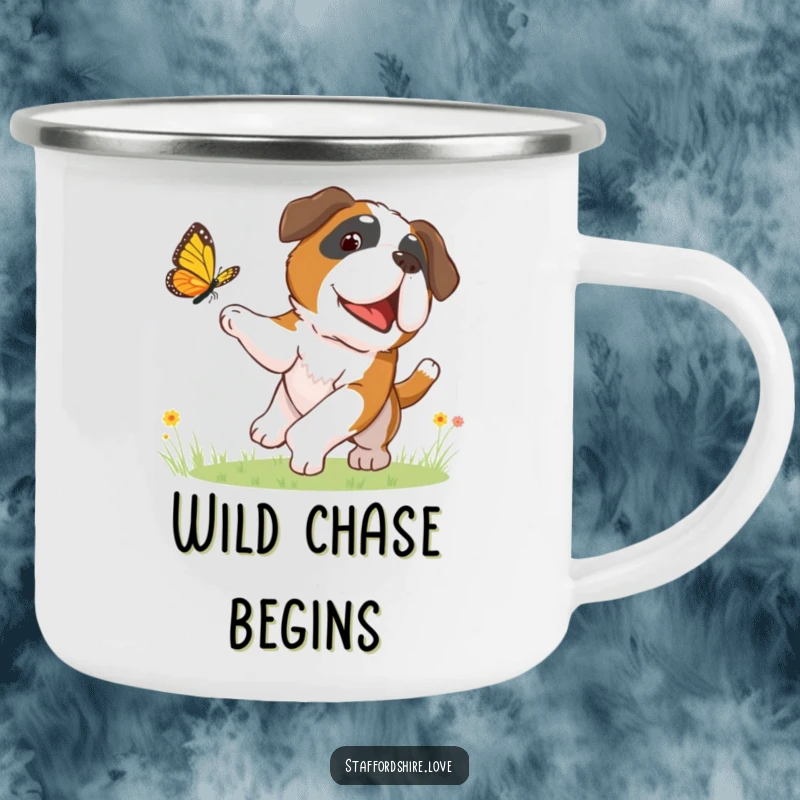 Funny camping mug featuring a happy Saint Bernard dog chasing a butterfly, ideal for enjoying drinks outdoors with a smile.