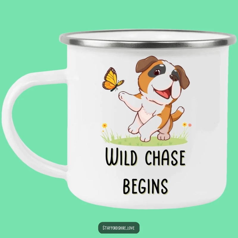 Funny Butterfly Chasing Camping Mug - Playful Saint Bernard Outdoor Joy Gift