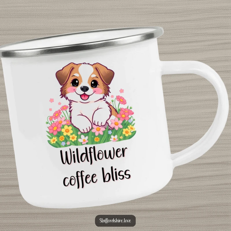 Funny Staffordshire dog happily rolling in flowers on a camping mug. Ideal gift.