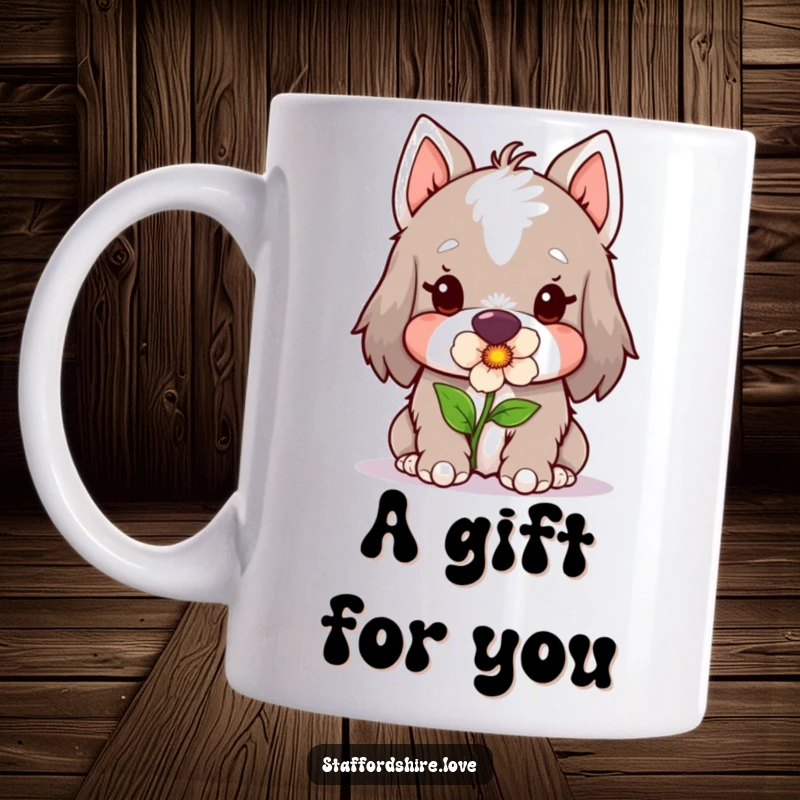 Funny Kawaii Staffordshire Mug, featuring a cute Staffy gently holding a flower in its mouth, perfect for coffee lovers and sweet dog owners.