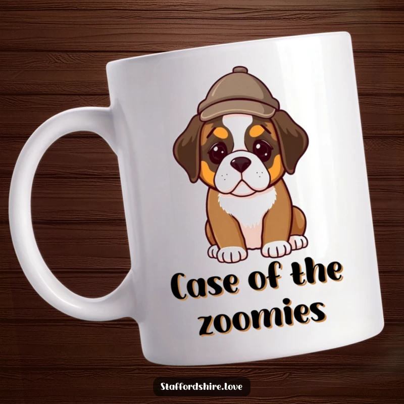 Funny mug showing a cute Saint Bernard puppy wearing a tiny, classic detective hat, looking curiously ready to investigate.