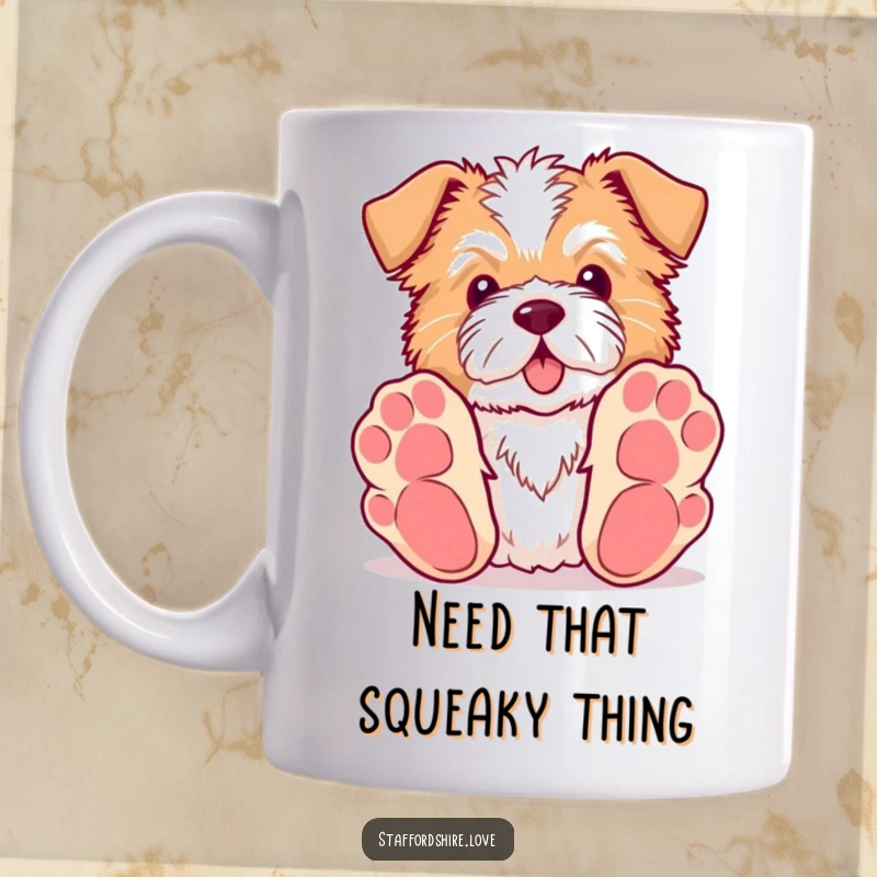 Funny Kawaii Staffordshire mug featuring a dog with oversized paws reaching eagerly for a toy, capturing playful energy.