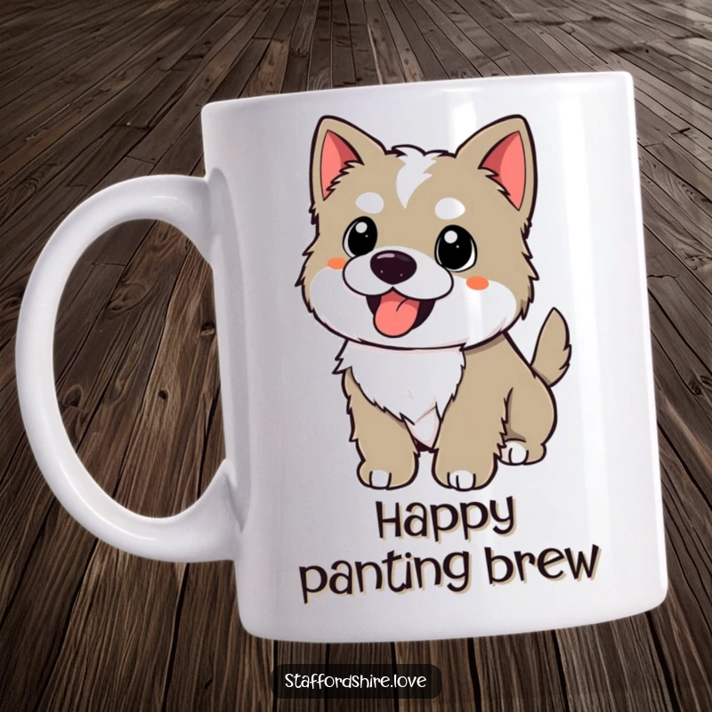 Funny kawaii Staffordshire puppy with a wagging tail, panting happily on a mug, radiating pure doggy joy.