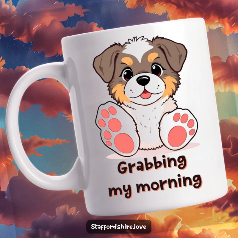 Funny kawaii Staffordshire mug, with big paws, reaching for a toy, embodying playful eagerness and humorous canine energy.