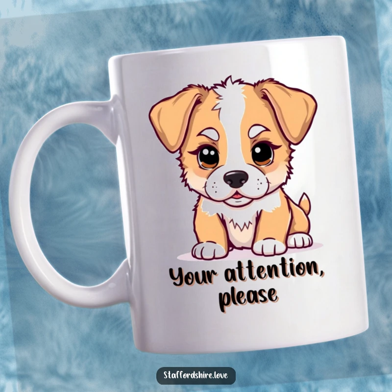 Funny kawaii Staffordshire puppy mug, with floppy ears, playfully nudging a coffee cup, radiating cute, humorous energy.
