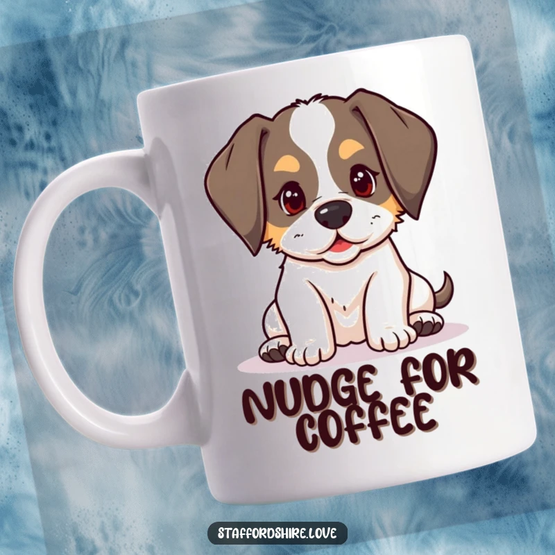 Funny kawaii Staffordshire puppy with floppy ears, playfully nudging on a mug, capturing sweet doggy affection.