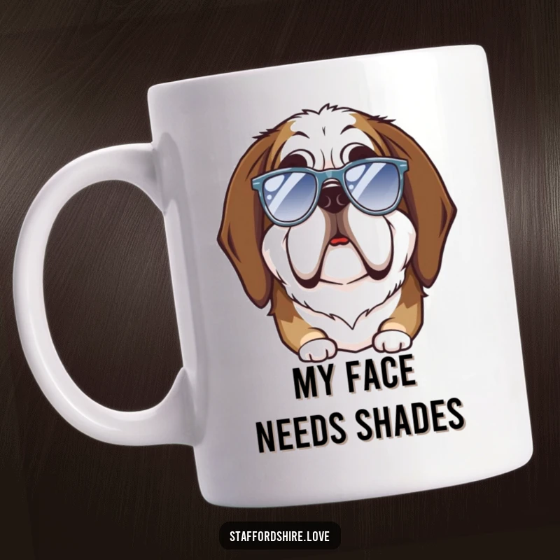 Funny Saint Bernard mug showing a large dog with a goofy face trying on ridiculously small sunglasses, perfect for dog moms and dads.