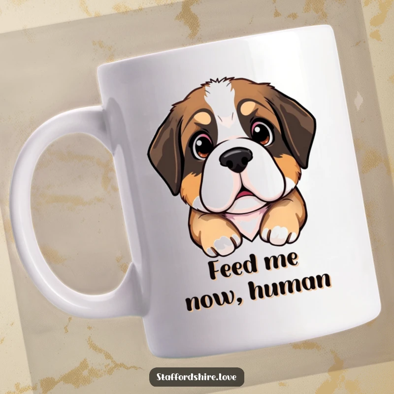 Funny Saint Bernard puppy mug, head tilted with large, pleading eyes, evoking cuteness and humor. A delightful gift for dog enthusiasts.