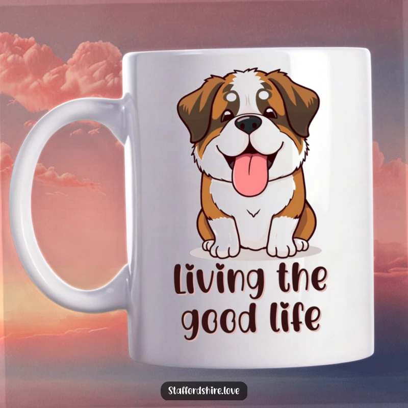 Funny Saint Bernard mug with a dog sighing happily, tongue lolling out lazily, conveying pure, humorous relaxation.