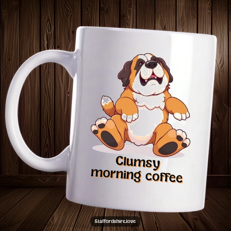 Funny mug featuring a Saint Bernard comically tripping over its own enormous feet, highlighting lovable clumsiness.