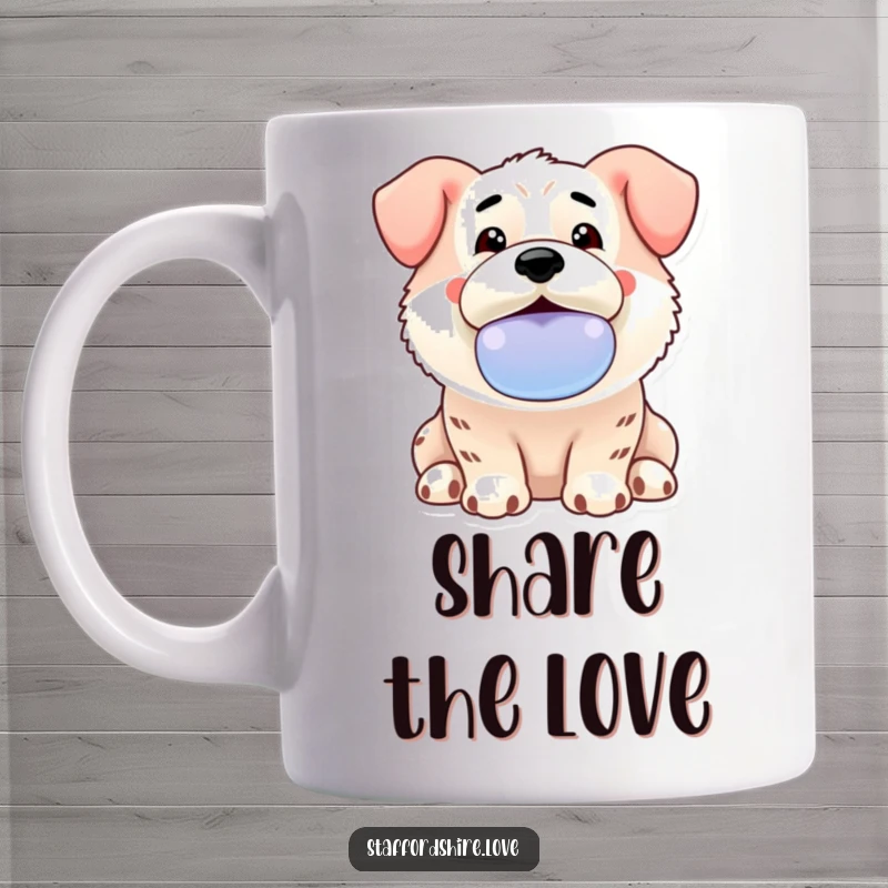 Funny Kawaii Staffordshire mug featuring an enthusiastic dog offering a slobbery toy, embodying pure, messy doggy affection.