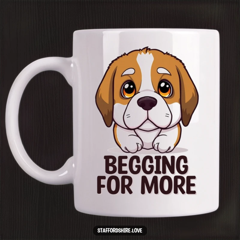 Funny mug showing a Saint Bernard dog looking upwards with large, expressive, soulful eyes, conveying gentle innocence and affection.