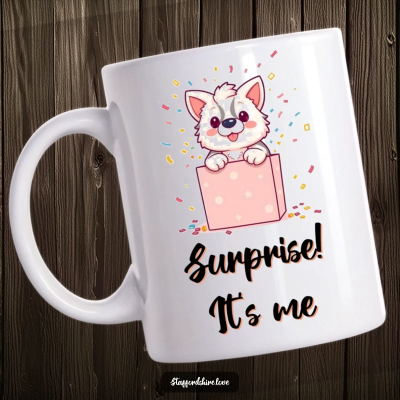 Funny mug featuring a Staffordshire character joyfully bursting out of a gift box showered in confetti. A humorous surprise.