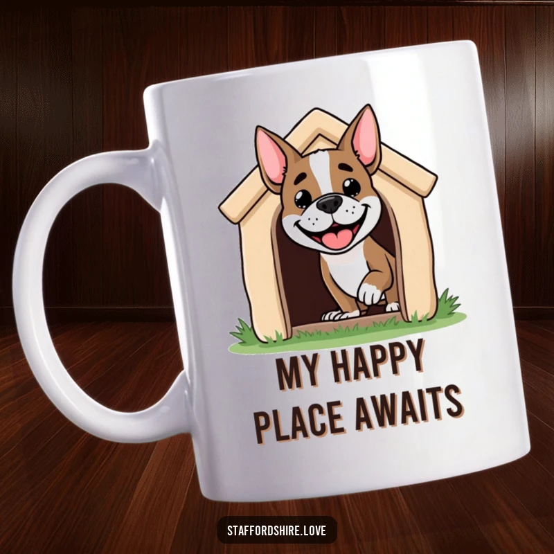 Funny Staffordshire dog mug featuring a grinning doghead peeking out of a doghouse, exuding pure, cheerful, and playful energy.