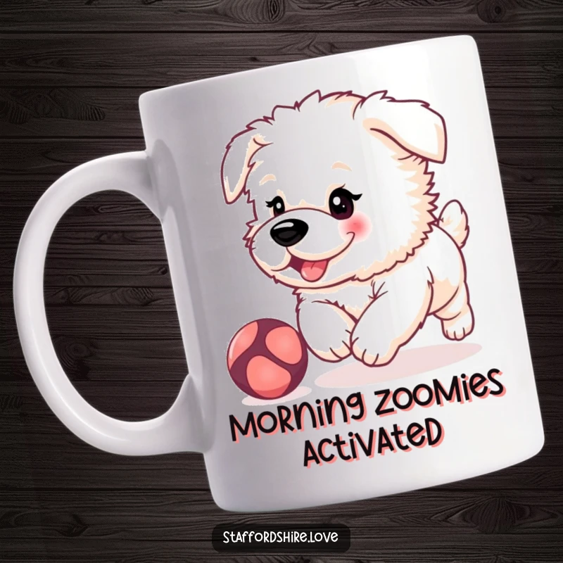 Funny, fluffy Staffordshire puppy with rosy cheeks, excitedly chasing a red bouncing ball on a ceramic mug.