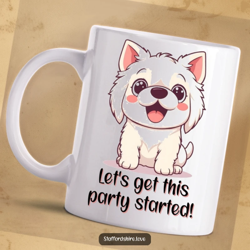 Funny Mug featuring a Kawaii Staffordshire dog with excited wide eyes, begging to play with joyful energy.