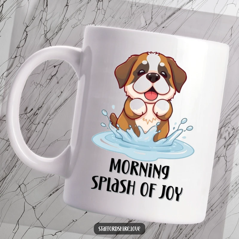 Funny mug with a kawaii Saint Bernard dog playfully splashing in a puddle, radiating happiness.