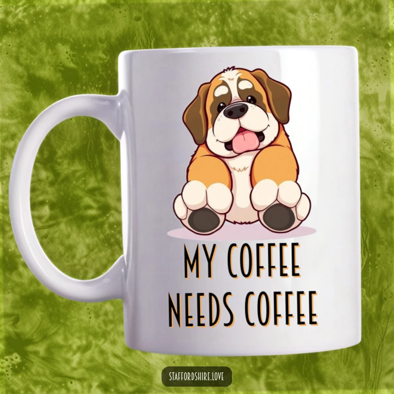 Funny mug with a kawaii Saint Bernard tripping over its own large paws, showcasing adorable clumsiness.