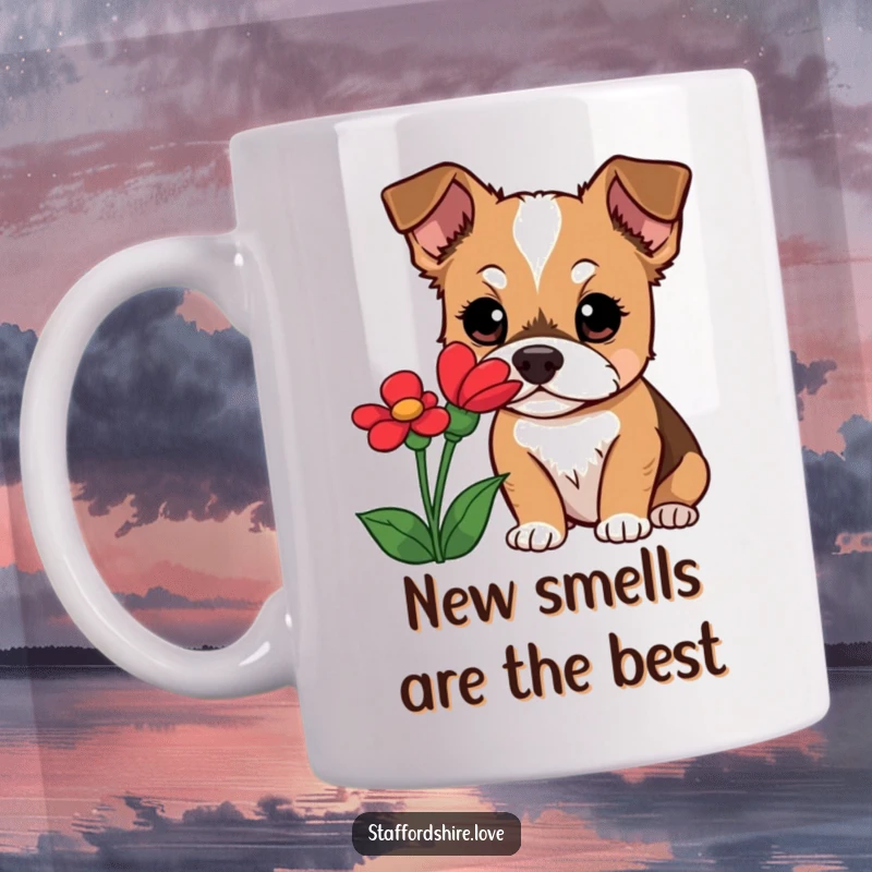 Funny Staffordshire dog mug showing a curious dog with wide eyes intently sniffing a bright red flower, capturing innocent exploration.