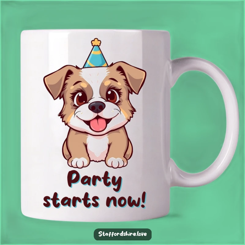 Funny Party Staffy Mug: Excited Fun Time, Festive Dog Lover Gift, Hilarious!