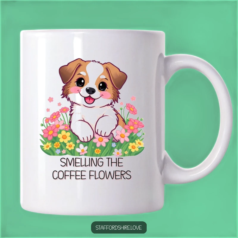 Funny Staffy Flower Roll Mug: Adorable Happy Dog Art Gift