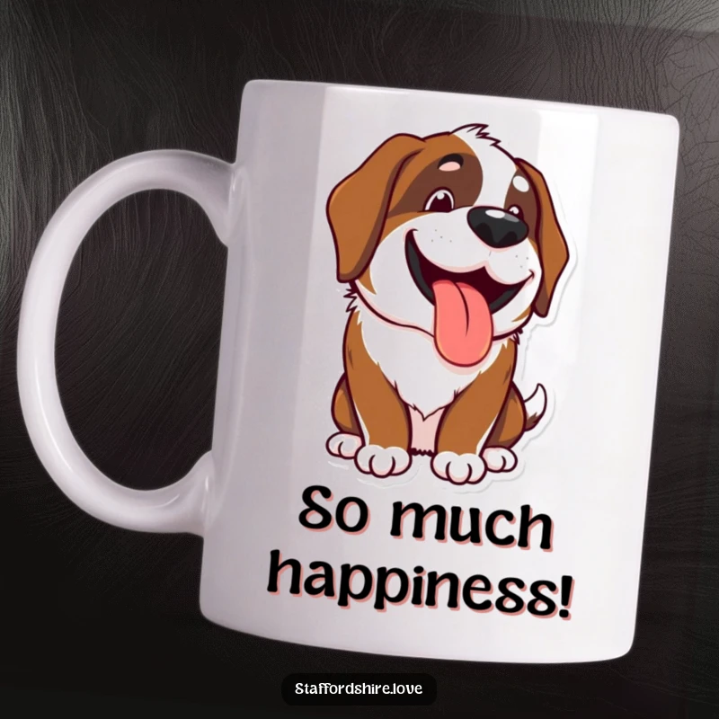 Funny Kawaii Saint Bernard mug featuring a happy, panting dog with a wide grin, perfect for dog lovers and as a funny gift.