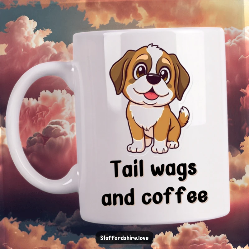Funny Saint Bernard mug showing a happy dog with large, shining eyes and a wagging tail, radiating pure joy and excitement.
