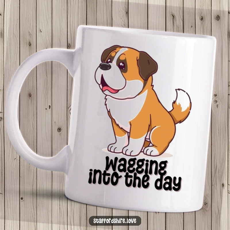 Funny mug featuring a Saint Bernard whose tail wagging causes its entire body to wiggle with pure, unbridled joy.