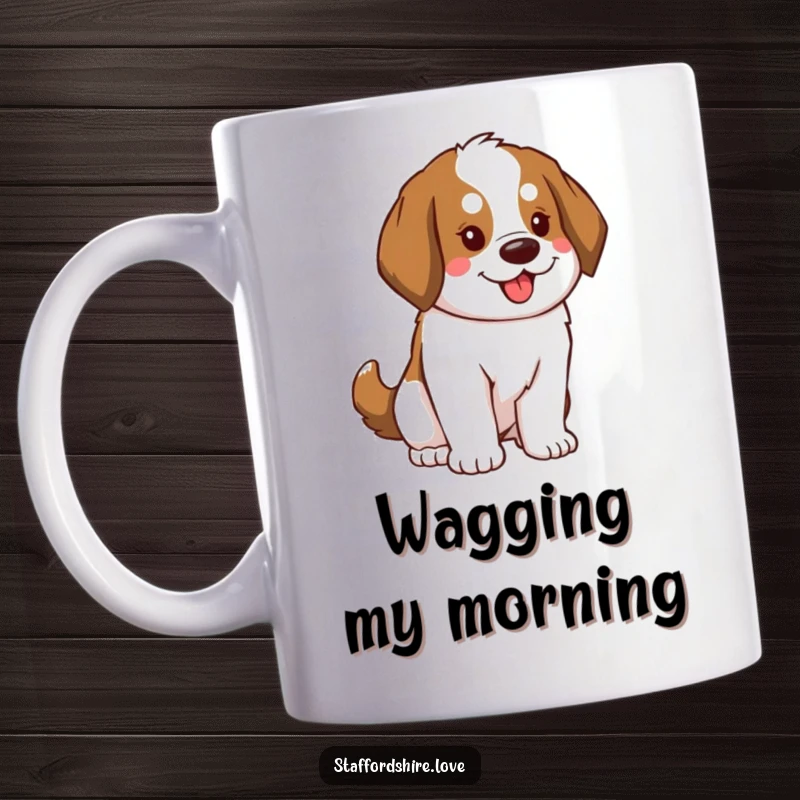 Funny Saint Bernard Mug featuring a dog with a fluffy tail swaying enthusiastically, embodying pure canine excitement and happiness.