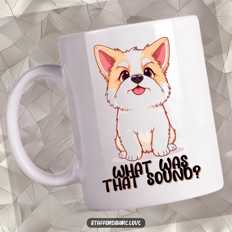 Funny Kawaii Staffordshire Mug, featuring a cute Staffy with a curious head tilt, perfect for coffee lovers and dog moms or dads.