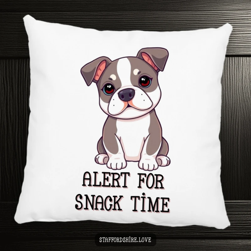 Funny kawaii Staffordshire Bull Terrier pillow with ears perked up, offering humorous comfort and attentive charm.