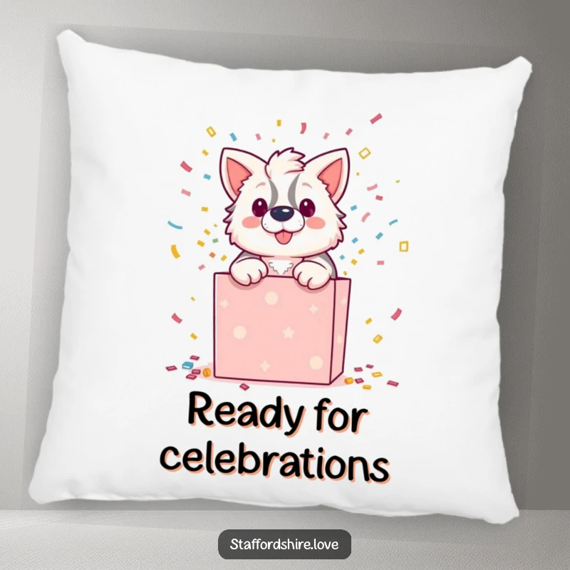 Funny pillow featuring a Staffordshire character bursting dramatically from a gift box with confetti, offering soft, humorous comfort.