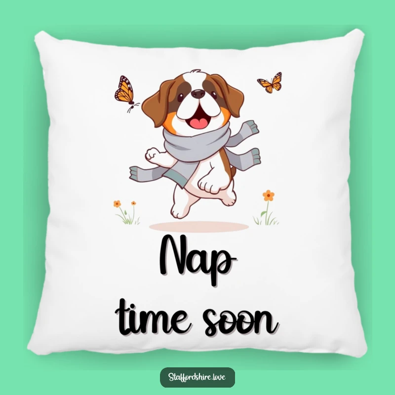 Comfy Funny Saint Bernard Butterfly Chase Pillow: Soft Accent for Cozy Humor