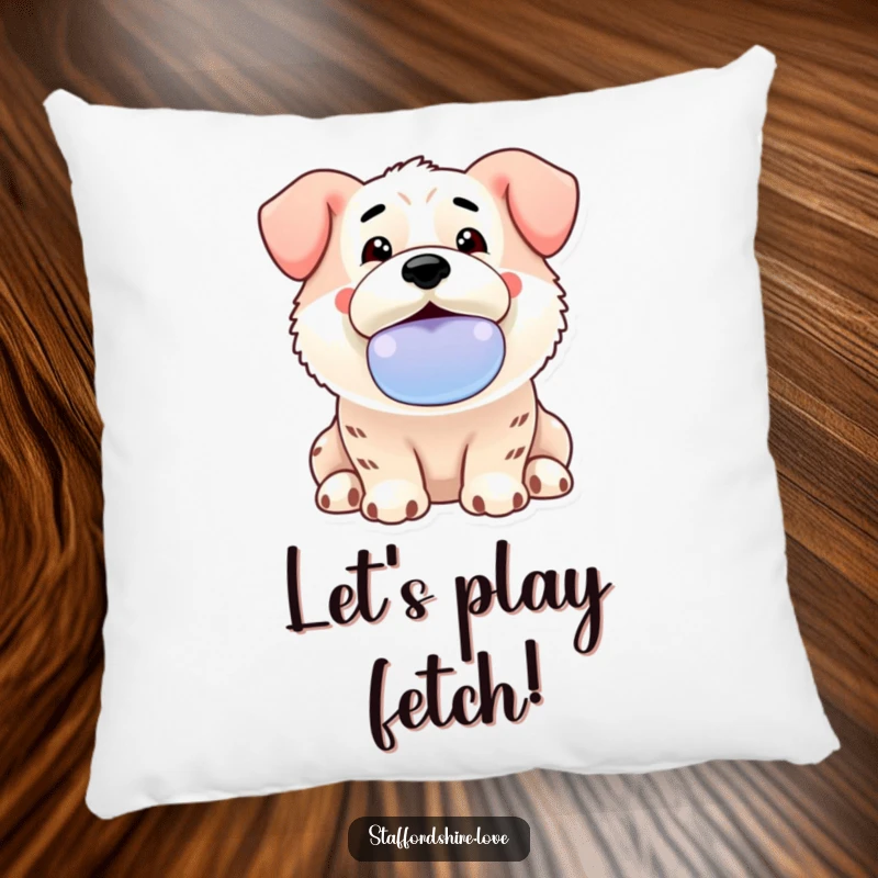 Funny Kawaii Staffordshire pillow featuring an enthusiastic dog offering a slobbery toy, providing comfort and playful charm.