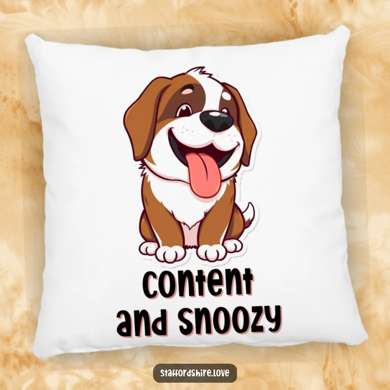 Funny Kawaii Saint Bernard pillow with a soft, happy, panting dog face and a wide grin, perfect for comfort and as a funny gift.