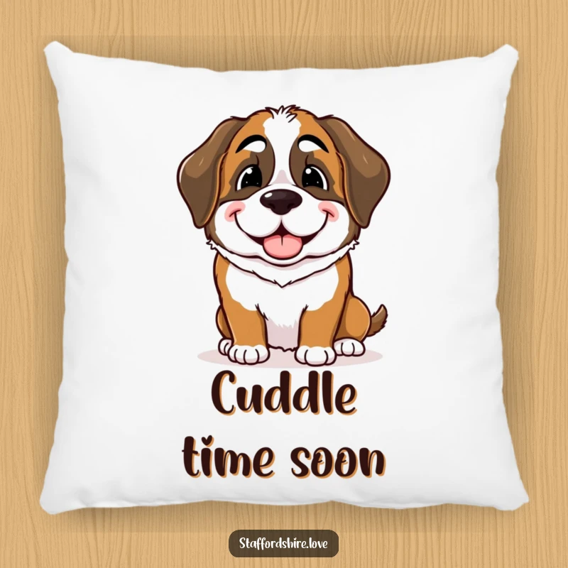 Funny Saint Bernard pillow showing a dog giving a gentle, playful nudge with a warm smile, plush and comforting decor.