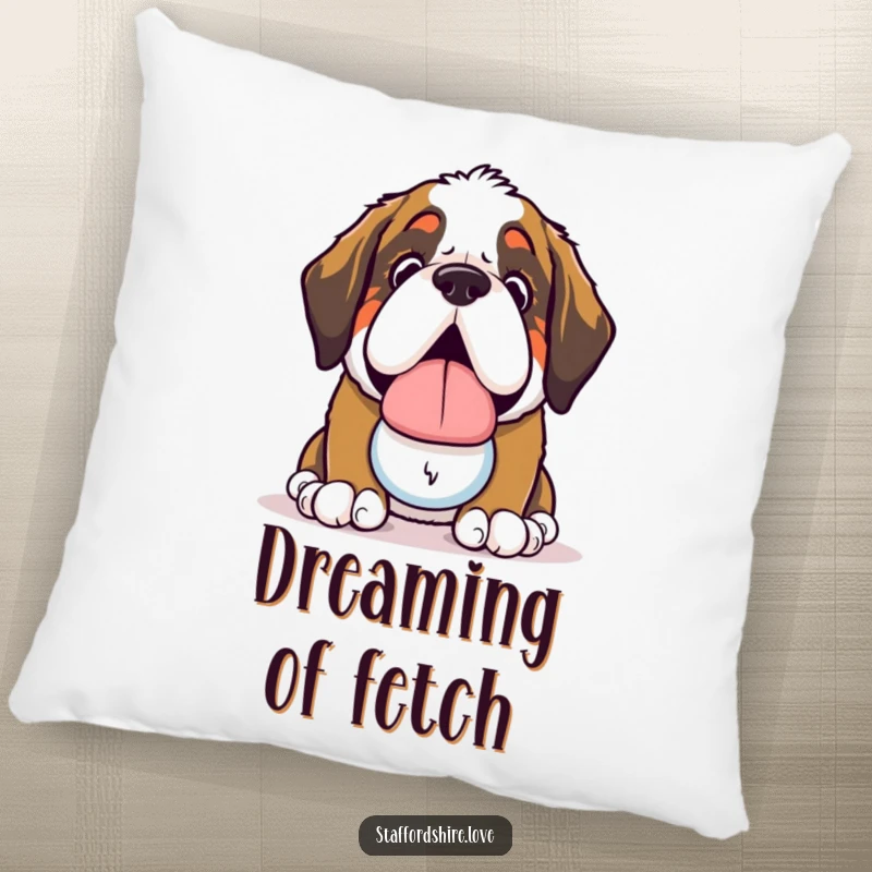 Funny Saint Bernard Pillow: Cozy pillow displaying a lovable kawaii Saint Bernard dog offering a slobbery toy.