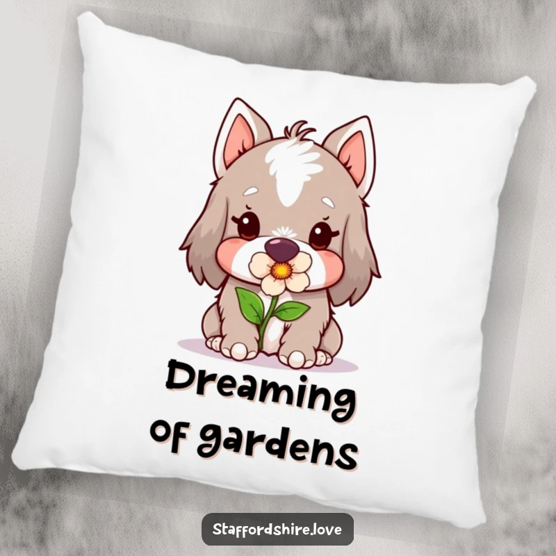 Funny Kawaii Staffordshire Pillow, showcasing a cute Staffy gently holding a flower in its mouth, offering cozy comfort and humorous decor.